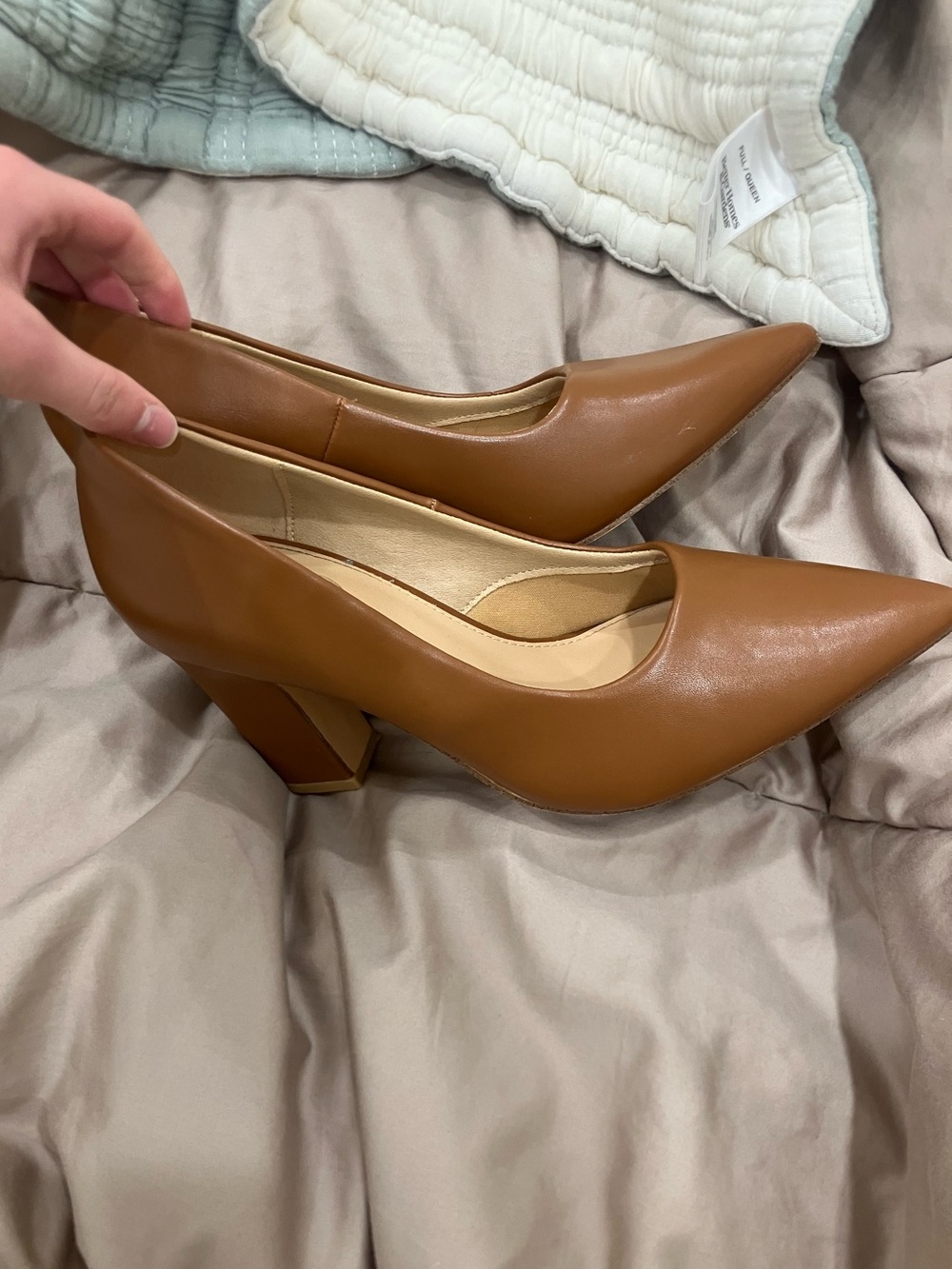 Trary Cognac Pointed-Toe Block Heel Pumps